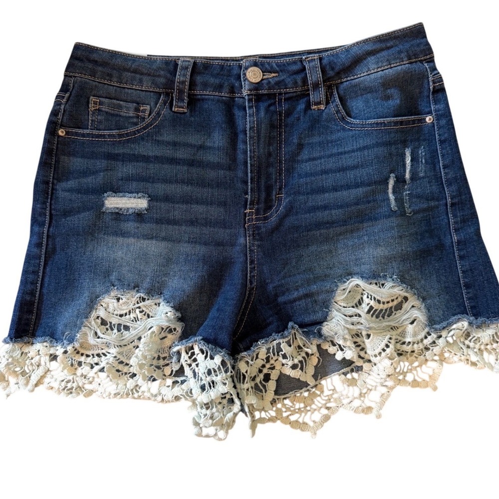 Almost Famous Distressed Denim Shorts Lace Trim Boho Medium Wash Size 27